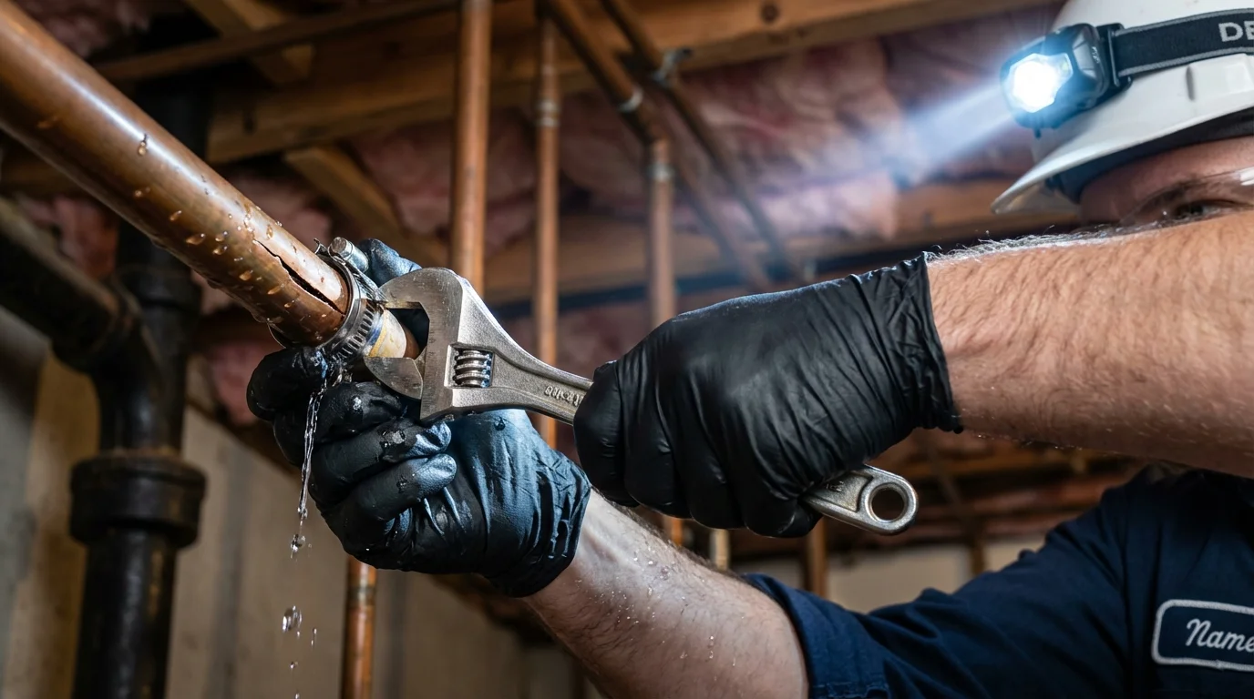 Emergency pipe clamp repair being performed by a Johns Plumbing LLC plumber in Joshua Tree